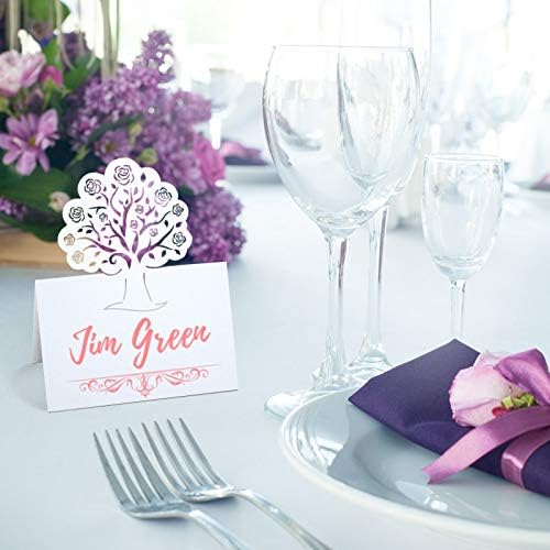 LEMESO 60Pcs Wedding Place Cards Creative Rose Tree Hollow Name Card Table Numbers Cards for Wedding Christmas Party Lunch Table Decoration Pearlescent Paper White