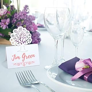 LEMESO 60Pcs Wedding Place Cards Creative Rose Tree Hollow Name Card Table Numbers Cards for Wedding Christmas Party Lunch Table Decoration Pearlescent Paper White