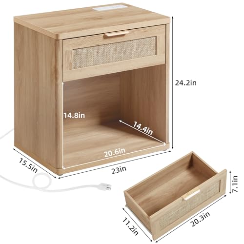 Image of LEYAOYAO Rattan Nightstand with Charging Station, Natural Wood Night Stand with Drawer, 23 inch Wide Boho Bedside Table with Storage Shelf, Bed Side End Tables for Bedroom, Living Room, Hallway