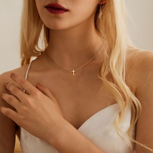 Cross Necklace for Women，Dainty Gold Necklace 14k Gold Plated Small Cross Pendant Necklace Simple Gold Cross Necklaces for Women Cute Gold Cross Choker Necklaces Trendy Gold Jewelry Gifts3