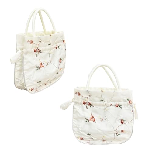 Image of Silk Jewelry Bag Retro Embroidery Fabric Hand Bag Large Off-White | 2PCS Bulk Brocade Pouch Drawstring Gift Bag ,for Candy Wedding Party Presents Snacks & Jewelry