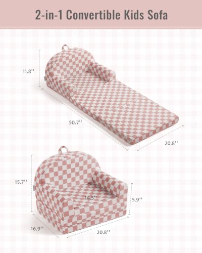 Image of Blissful Diary Kids Couch, 2-in-1 Comfy Kids Chair for Reading, Playroom, Kids Couch Sofa for Girls Boys Birthday Gift, Blush Checkered