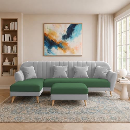 Image of Atticus LHS 6 Seater L Shape Sofa Set with Ottoman Living Room (Green Grey Colour Fabric) Premium Fabric Sofa Set for Living Room
