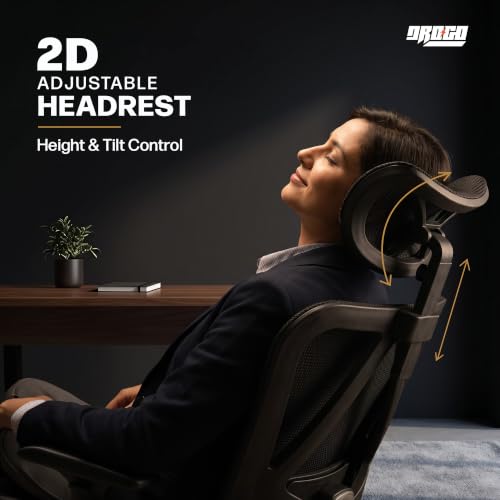 Image of DROGO Ergonaut Ergonomic Office Chair for Work from Home | Computer Chair with 2D Headrest, Armrests & Adjustable Lumbar Support | Breathable Mesh with 120 Recline, 1-Year Warranty (Black)