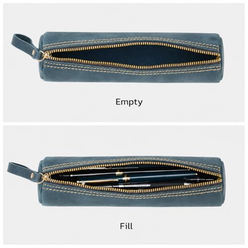 Image of ECHSRT Genuine Leather Pencil Pouch, Classic Cylinder Pen Bag - Blue | Full-Grain Cowhide Leather, Crazy Horse Finish, Single Zipper, Vintage Pen Organizer for Adults