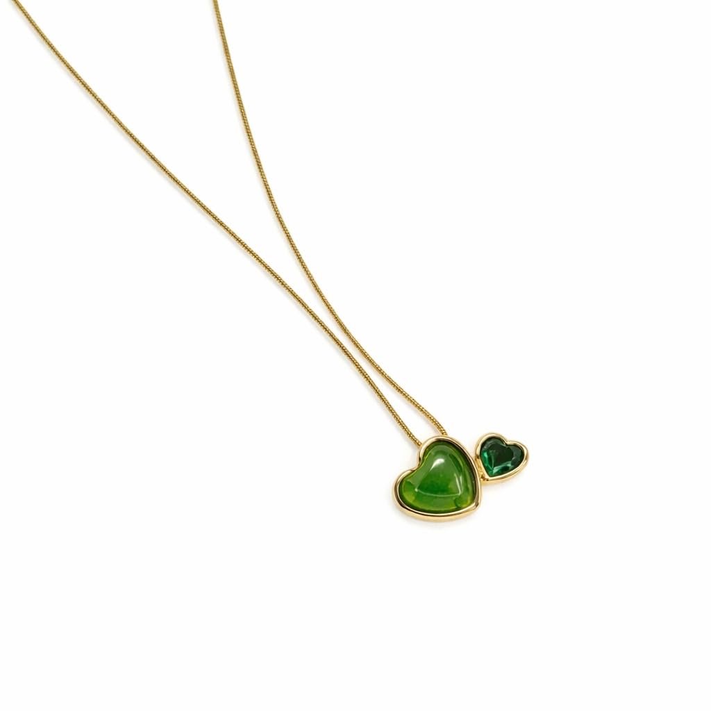 Gold Tone Twin Heart Pendant with Glossy Beige Stone & Stud, Stainless Steel Heart Locket with Chain, Korean Pendant for Women & Girls-image-16