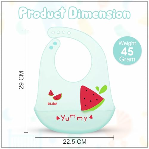 Image of GLUN Pack of 2 Soft Feeding Bibs with Bowl, Cute Watermelon Print for Growing Champs, Easily Wipes Clean, Comfortable Soft Baby Bibs, Less Time Cleaning after Meals for Babies
