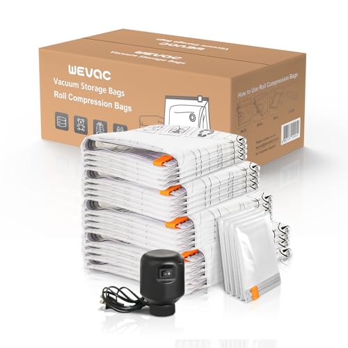 Wevac 20 Piezas Bolsas Ropa al Vacio (4 Jumbo, 4 Grandes, 4 Medianas, 4 Pequeñas, 4 Enrollables) con Bomba Eléctrica, Doble Sello de Cremallera, Sacos Vacuo Para Guardar Ropa, Mantas y Edredones