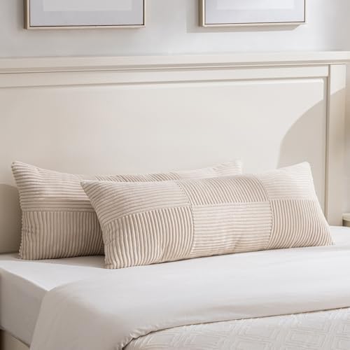 Image of Fancy Homi Set of 2 Tan Boho Long Lumbar Body Decorative Throw Pillow Cover 14x36 Inch for Bed Couch Bedroom Bench, Soft Patchwork Corduroy Textured Pillow Case, Rustic Farmhouse Room Decor