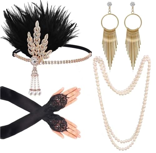 5 Pcs 1920 Accessories Set,1920s Fashion Flapper Headband Holder Long Gloves Pearl Necklace Great Gatsby Accessories for Women,Ladies Charleston Fancy Set