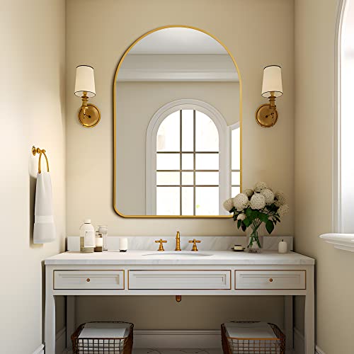 Image of PexFix Arched Wall Mirror 36 inchx24 inch Large Bedroom Mirror with Aluminum Alloy Thin Frame,Arch Top Rounded Corner,Gold