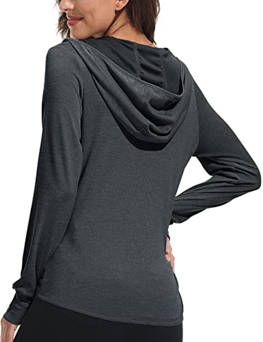 Mofiz Women's Full Zip Workout Jacket Lightweight Running Jacket Quick Dry Active Jacket Long Sleeve Hiking Shirt Upf 50+ Sun Protection Hoodie Shirt L Dark Grey #TOP2