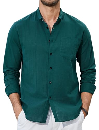 Enlision Grüne Leinenhemd Herren Langarm Hemd Herren Petrol Grün...