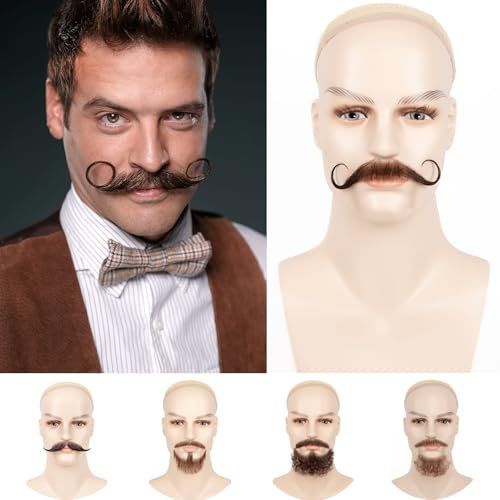 XRDDFL Fake Mustache Realistic Beard Human Hair Full Hand-tied Fake Facial Hair False Goatee Beards Brown Reusable Lace Invisible Fake Mustache for Halloween Drama Party Cosplay Makeup