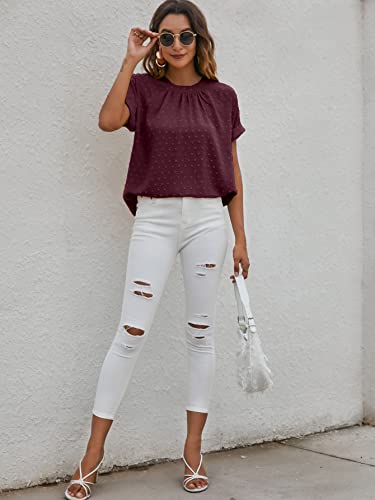 Milumia Women's S Casual Swiss Dots Chiffon Ruffle Front Short Sleeve Work Office Blouse Top Claret Small #TOP4