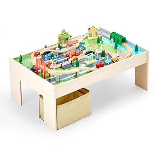 VEVOR Train Table, 84 Multicolor Pieces Wooden Kids Activity Table with Collapsible Storage Bin, 3-in-1 Wooden Train Set for Gaming, Drawing, Reading, Eating, Creative Toy Set for Kids Ages 3+