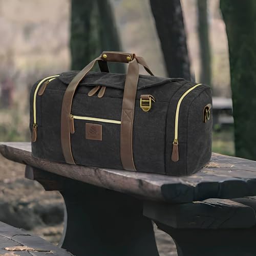 Duffle Bag for Travel, 50L Canvas Duffle Bag Vintage Travel Bag Overnight Bag with Shoes Compartment Men (Black)4