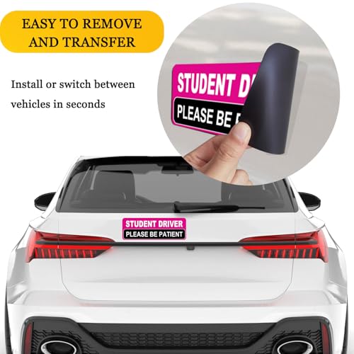 Image of NIMONA Student Driver Magnet for Car - Funny 2 Pack Please Be Patient Removable Magnetic Bumper Sticker Set - Reflective New Driver Safety Sign - Weather-Resistant - 10 x 4 inch (Pink)