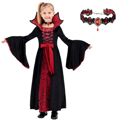 DERJLY Halloween Disfraz Vampiro de Niña: Vampirina Vestido Larga Adecuado Halloween Para Mascarada Cosplay Fiesta (L (10 12 años))