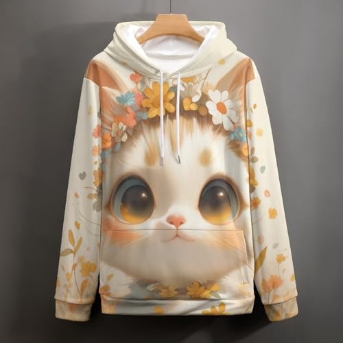 Sweat à capuche chat blanc et fleurs pull manches longues unisexe taille S - 5
