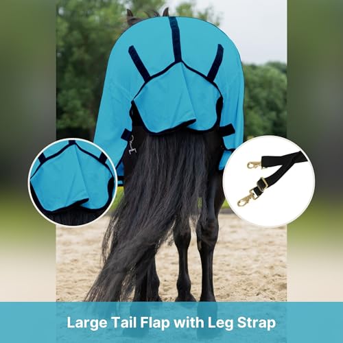 Image of Horse Fly Sheet with Attached Neck Cover & Tail Flap | UV Protection Mesh Horse Blanket, Full Body Bug & Sun Shield, Buckles, Belly Wrap & Gussets for Spring Summer Riding Rug (Turquoise, 80 inch)