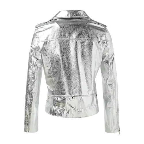 Women's Silver Metallic Faux Leather Moto Jacket, Zip Front, Notched Lapel Collar Biker Leather Jacket2