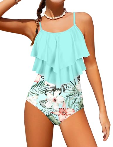 Image of Girls Swimsuit Color Block One Piece Swimsuit 2-Tiered Ruffle Bathing Suit Adjustable Strap Girls' Swimwear 7-16Y