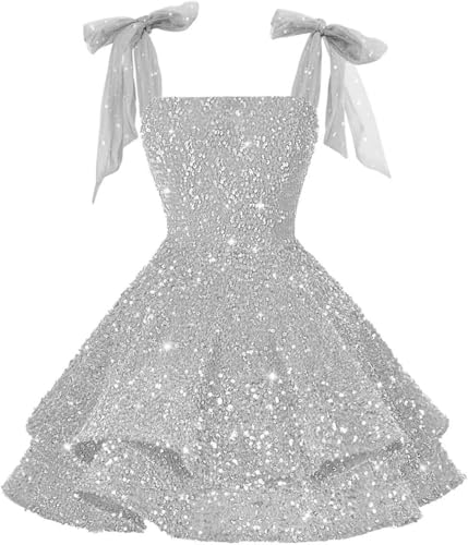 Ontoefy Sparkly Sequin Short Homecoming Dresses 2026 Sequin Short Prom Dress Bow Cocktail Party Dresses Silver 8