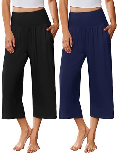 Image of Ekouaer 2 Pack Womens Pajama Pants 2026 Wide Leg Capri Yoga Pants Lounge Comfy Sleep Pj Bottoms with Pockets