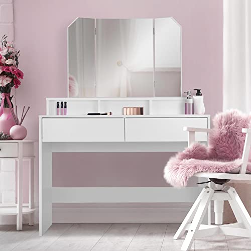 ML-Design Tocador Moderno con 2 Cajónes y 3 Compartimentos Abiertos y Espejo Plegable 100x40x140cm Blanco Fabricado en Madera MDF Mesa de Peluquería Cómoda Retoques de Maquillaje Gabinete Make Up