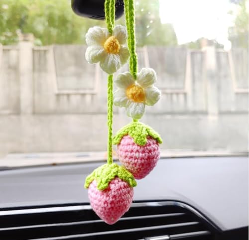 Image of VRB Dec 1 Pcs Crochet Flower for car Dashboard Decoration Items,Car Hanging Crochet Flower,Sunflower Decoration for Car,Car Mirror Hanging Accessories, (Hanging Strawberry Pink Crochet - 1 Pcs)