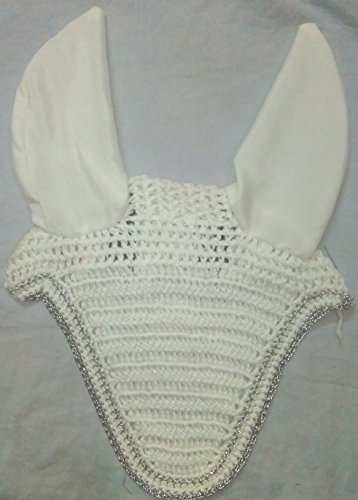 Avani Creations Ad Horse Ear Net Crochet Fly Veil Equestrian Fly Bonnet/Veil/mask Standard Size White with Silver Edge