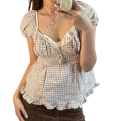 Women Fairy Crop Top Summer Teen Girl Vintage Short Sleeve Ruffle Hem...