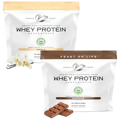 Muscle Feast Grass-Fed Whey Protein Concentrate Bundle – Vanilla & Chocolate, 5lb Each (10lb Total) – All Natural, Hormone-Free, Pasture Raised, High Protein Po