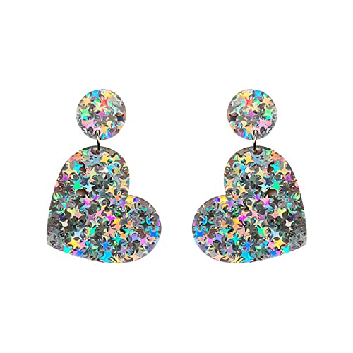 Acrylic Heart Glitter Sequins Drop Dangle Earrings Colorful Big Love Heart Statement Dangling Earring Studs Sparkling Jewelry For Women Girls Girlfriend Gifts Valentine's Day (Silver) #TOP21