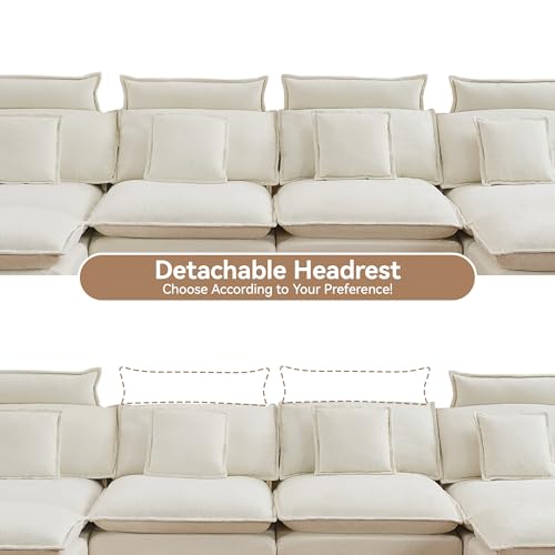 Image of 134'' Cloud Modern 4 Seater Couch with Detachable Headrest, Modular Sectional Sofa with 2 Ottoman, Oversized U Shape Chenille Comfy Sofa with Armrests for Living Room, Beige
