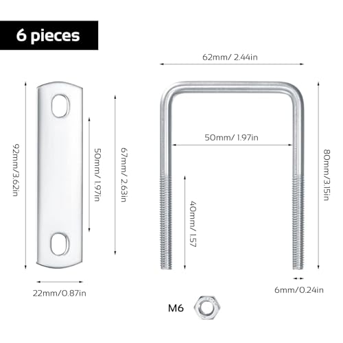 WEDAMOO 6 Stück Bügelschraube, M6 50 × 80 mm U Bügel mit Gewinde, U-Schrauben, Vierkant U-Bolzen Edelstahl mit Mutter Rahmengurte Unterlegscheibe für Rohr Befestigung Auto Abschleppen