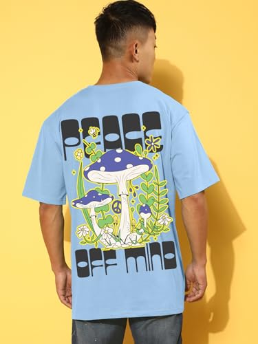 Image of Veirdo Pure Cotton Oversized Baggy Fit Drop Shoulder Stylish and Graphic Printed Round Neck Half Sleeves T-Shirt for Men (Available Color Options: Black, Green, Royal Blue, Lilac & Sky Blue)