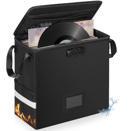 IBVIVIC Fireproof Vinyl Record Storage Box, Record Storage Organizer with Lock Fireproof Record Case for 50+ 7/10/12 Inch Single Vinyl Records Large Capacity File Storage Organizer, Small