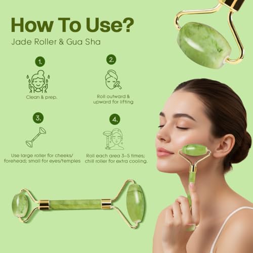 Image of Grade A+ Natural Jade Roller & Gua Sha Set - 100% Certified Jade Stone Tool, Cooling PVC Box, Reduce Puffiness, Sculpt Jawline, Lymphatic Drainage