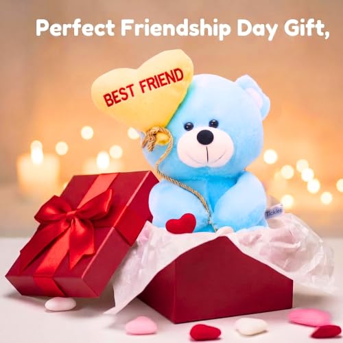 Image of Tickles Cute Teddy Holding Best Friend Heart Balloon Soft Stuffed Plush Toy for Kids Boys & Girls Friendship Birthday Gift (Color: Blue Size: 18 cm)