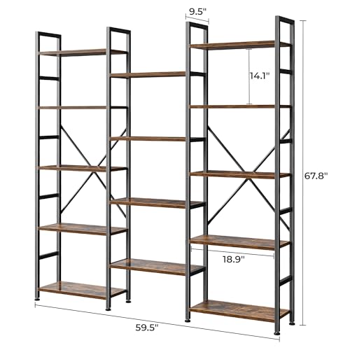 Image of SUPERJARE Triple Bookshelf, Bookcase with 14 Open Display Shelves, Wide Book Shelf Book Case for Home & Office, 5 Tier, Brown