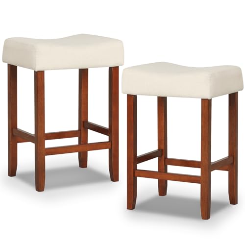 Image of COSTWAY Wooden Saddle Stools Set of 2, 25-inch Backless Counter Height Chairs with Rubber Wood Frame, Footrest, Max Load 330 Lbs, Upholstered Bar Stools for Kitchen Island, Light Beige+Brown