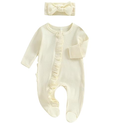 Image of Ayalinggo Newborn Baby Girl Fall Winter Outfits Clothes Knit Jumpsuit Ruffle Romper Newborn Coming Home Outfit for Baby Girl
