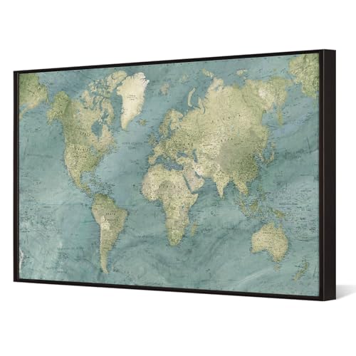 Muzenso Large Blue Ocean World Map Canvas Wall Art with Black Floater Frame Modern Geography Map Prints Framed Artwork for Office Study Classroom Decoration 24x36'' (Large)