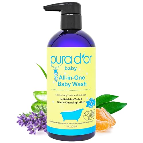PURA D'OR 16 Oz All-in-One Calming Baby Wash & Shampoo For Hair & Entire Body, Tear Free, Sulfate Free, Natural Aloe Vera, USDA Biobased Gentle Formula