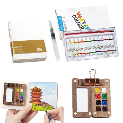 Image of Mini Watercolor Travel Set, 2026 New Mini Watercolor Paint Set Wooden Paint Palette Travel Kit with Colours, Portable Watercolour Palette with Clip for Drawing Gift Art Party Favors (8 Grid)