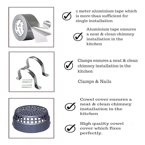 Image of 5 Inch /10ft Kitchen Chimney Flexible Aluminum Pipe | Complete Installation Kit with Free Cowl Cover, 2m Tape, and Clamp | Fits Various Chimney Brands, Silver (5 inch /125mm diameter, 300, cm)