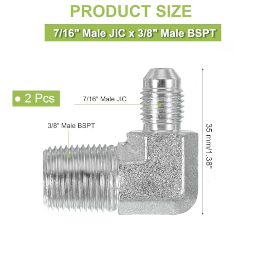 Image of PATIKIL 90 Degree Pipe Adapter, 2 Pcs 7 /16 inch Male 37 Flare JIC x 3 /8 inch BSPT Male Connector Carbon Steel Elbow Fitting for Air Hydraulic Fluid Fuel Water Oil, Silver
