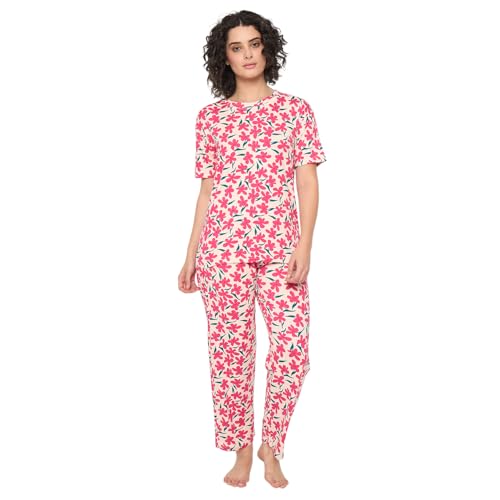 Image of CAMEY Women's Printed Pyjama Set, Short Sleeve T-Shirt and Trousers, Women Nightsuit, Loungewear Sets